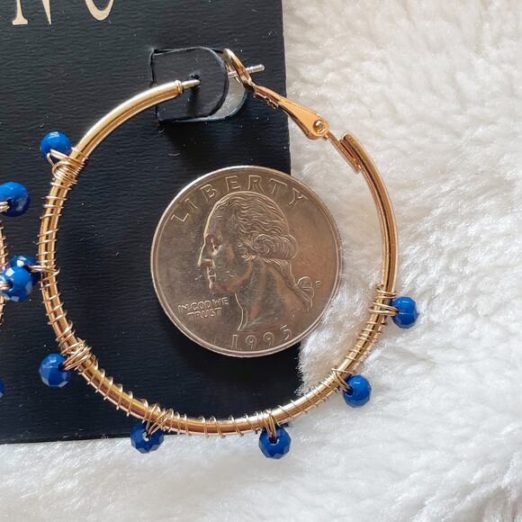 INC Beaded Hoop Earrings Gold Tone Bright Blue Beads New - Picture 4 of 6